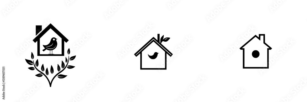 Aufkleber set of minimal vector line icons depicting various birdhouse designs and nature elements for creativ