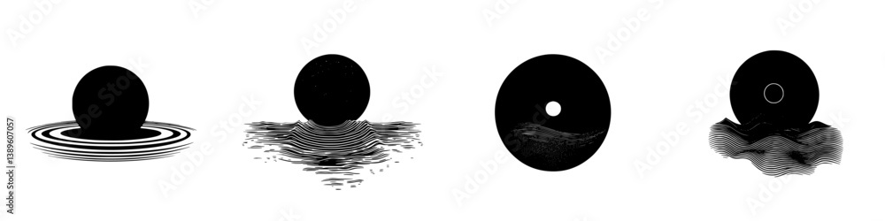 Poster set of minimalist line icons depicting abstract circular shapes with distinct textures and patterns