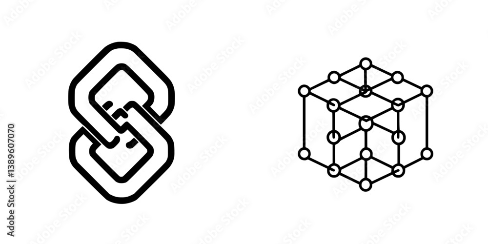 Poster minimalist vector line icons showcasing interconnected elements and a three-dimensional cube design 