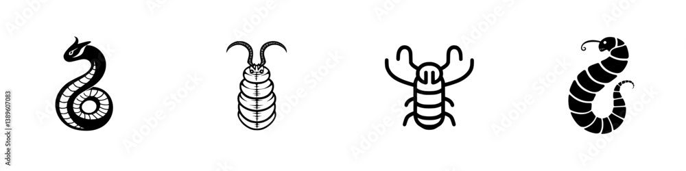 Poster Collection of vector minimalist line icons representing various insects and reptiles in a monochromatic design