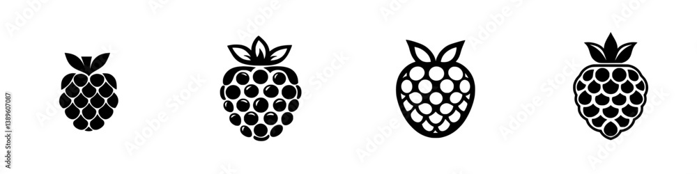 Poster collection of minimalist vector line icons featuring various raspberry designs for contemporary grap