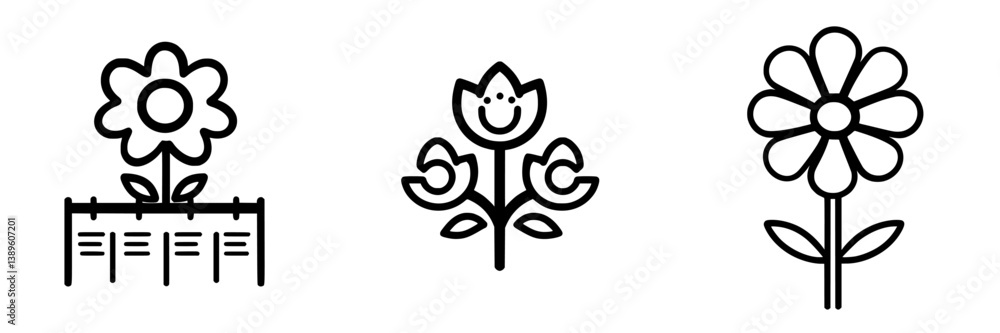 Poster minimalist line icons depicting flowers and gardening elements suitable for digital design projects 