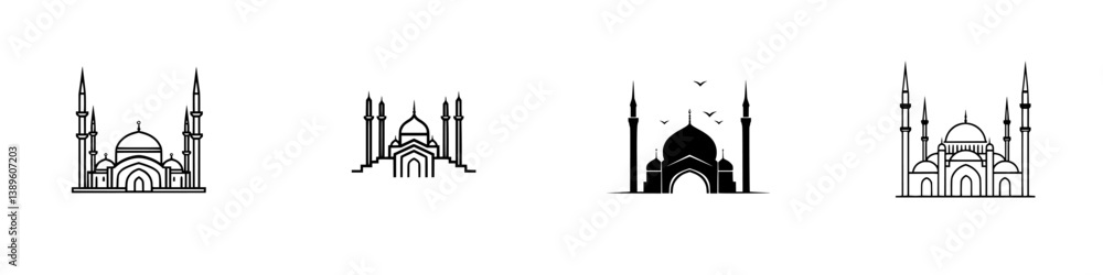 Poster vector minimalist line icons showcasing various architectural styles of mosques with distinct featur