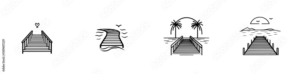 Poster vector minimalist line icons depicting various types of stairs leading to scenic views of nature and