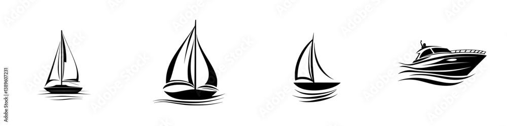 Poster set of vector minimalist line icons depicting various sailboats and yachts for nautical design proje