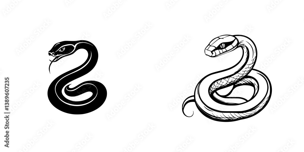 Poster minimalist vector line icons featuring elegant snake designs in contrasting styles for graphic proje