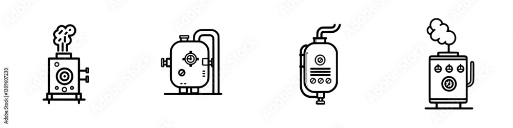 Poster collection of minimalist line icons representing various types of steam generators and boilers for i