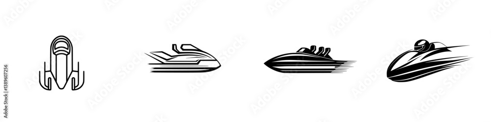 Poster collection of vector minimalist line icons representing various types of speedboats and watercraft i