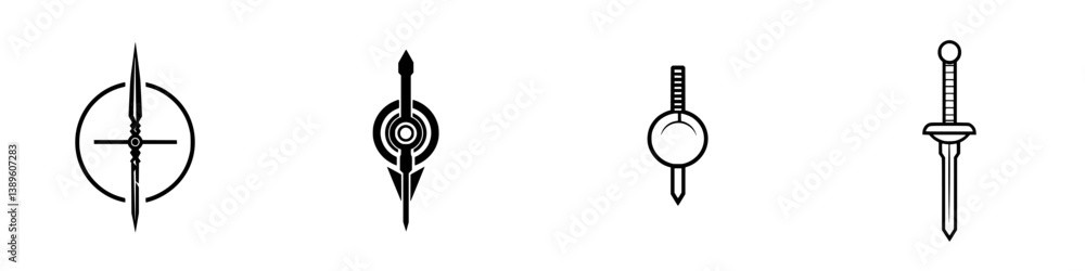 Poster minimalist vector line icons representing various weapon designs including arrows and swords for mod