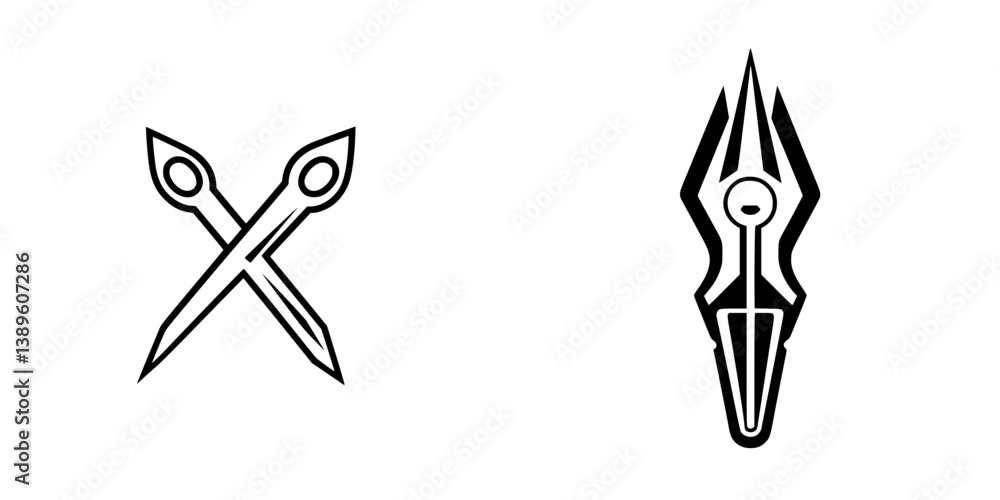 Poster collection of minimalist line icons representing scissors and a fountain pen for design and illustra