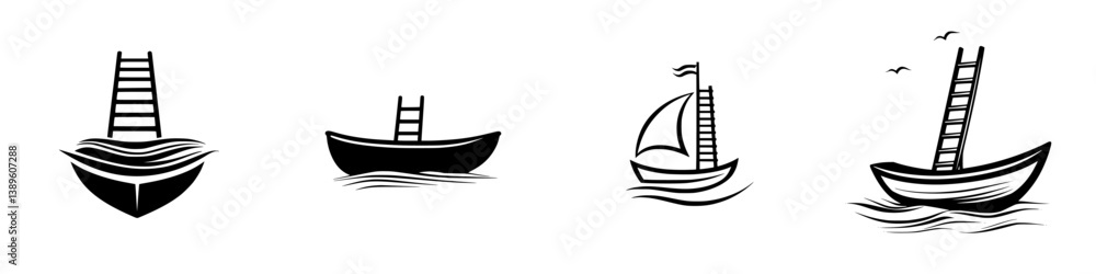 Poster minimalist vector line icons depicting various boat designs with ladders and sails suitable for dive
