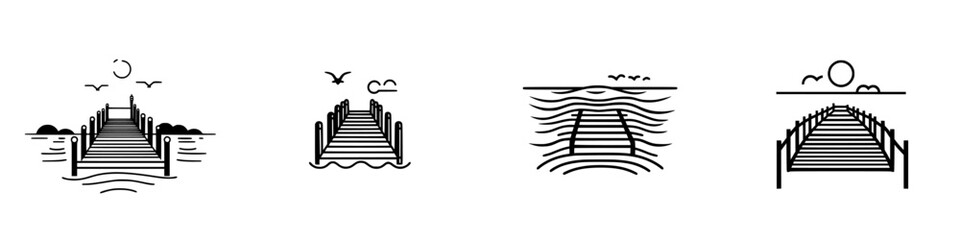 Set of minimalist line icons depicting piers at various times of day with water backgrounds and sun or moon elements
