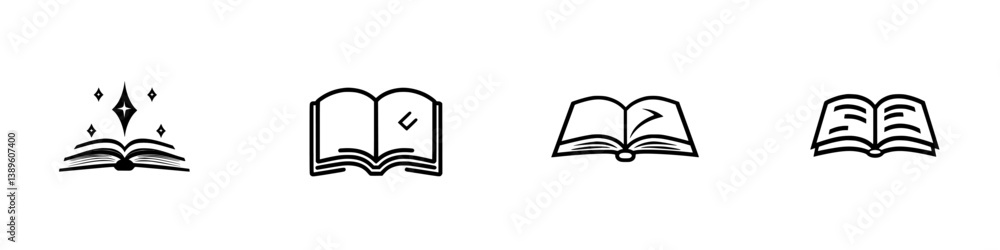Poster collection of minimalist line icons representing open books with decorative elements and varying des