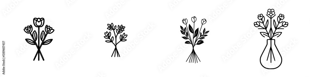 Poster vector minimalist line icons showcasing different flower arrangements and vases designed for creativ
