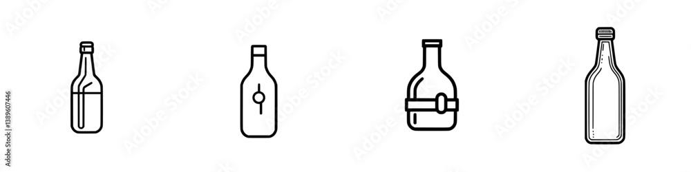 Poster minimalist vector line icons of various bottle designs in simple black and white style for modern gr
