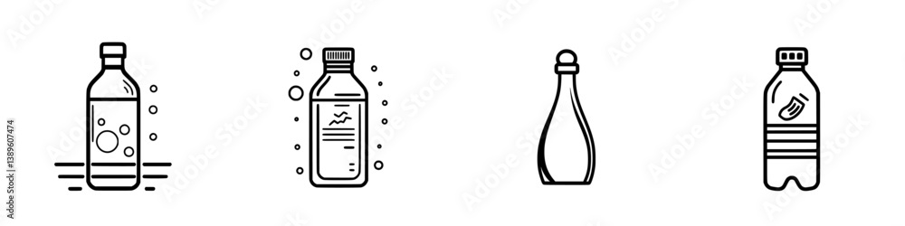 Poster set of vector minimalist line icons representing various types of beverage bottles in black and whit