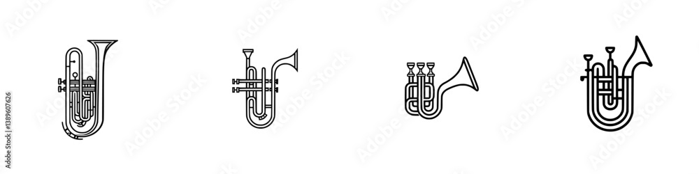 Poster set of vector minimalist line icons depicting various brass instruments for design purposes