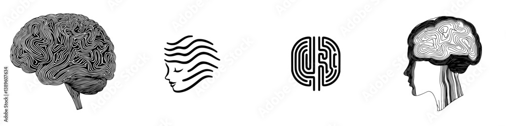 Poster collection of minimalist line icons representing brain and mind concepts for creative design project