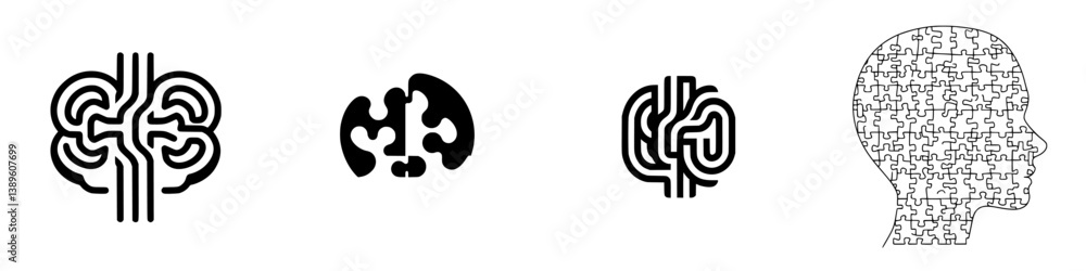 Poster collection of minimalist line icons representing brain concepts and patterns showcasing cognitive th