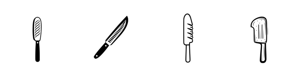Collection of minimalist line icons representing various kitchen knives for culinary design projects and graphical illustrations