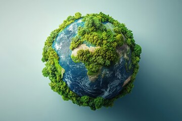 Fototapeta premium Detailed Globe With Lush Green Vegetation and Blue Oceans Representing Ecological Balance and Environmental Awareness on a Light Gray Backdrop