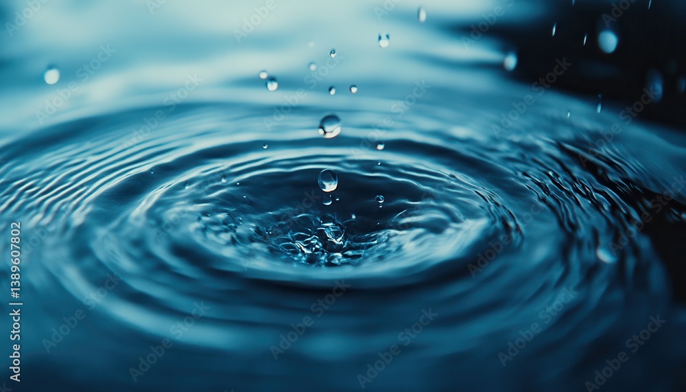 Leinwandbilder Detailed Macro of a Water Droplet Impacting Blue Water Surface Creating Circular Ripples and Splashes Emphasizing Purity Freshness and Liquid Dynamics