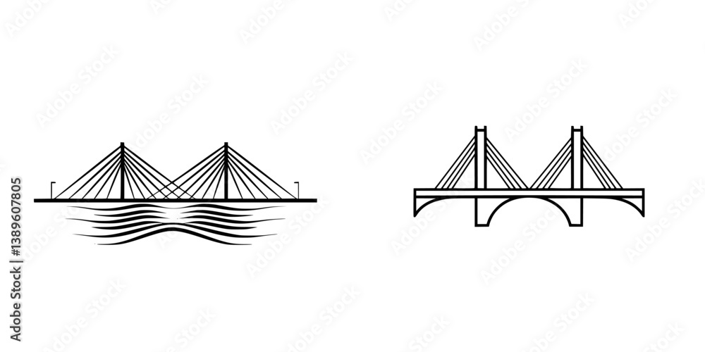 Poster set of minimalist line icons depicting different styles of bridges over water, suitable for various 