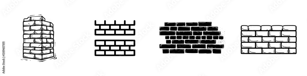 Aufkleber collection of minimalist line icons depicting various types of brick walls in a simple, cohesive sty