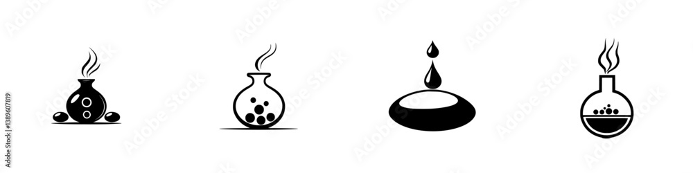 Poster set of vector minimalist line icons representing laboratory glassware and chemical elements