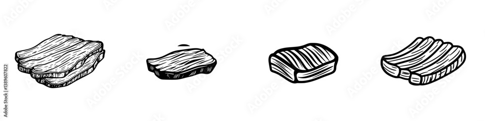 Poster set of minimalist line icons depicting various cuts of meat for culinary design and infographic use