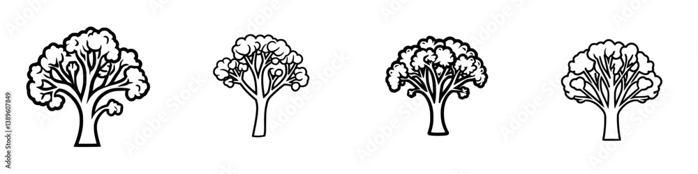 Aufkleber minimalist line icons of diverse tree designs showcasing varying styles and shapes for graphic desig