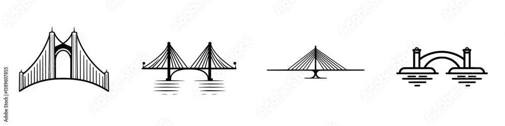 Poster collection of vector minimalist line icons representing various bridge designs suitable for creative