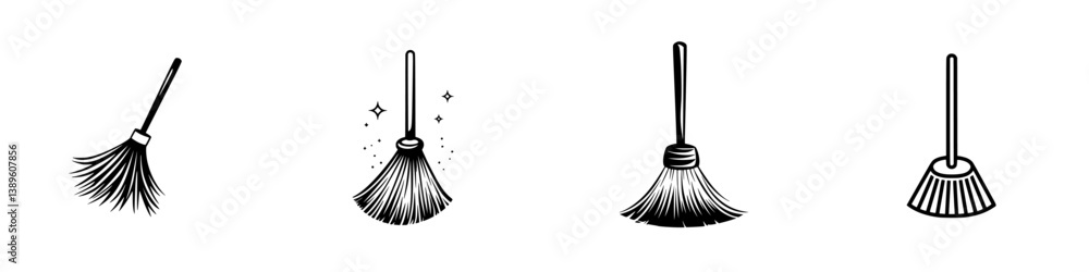 Poster set of vector minimalist line icons representing brooms in various styles and designs for cleaning a