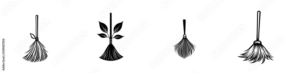 Poster collection of minimalist line icons depicting brooms and leaves suitable for various design projects
