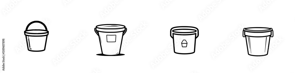 Poster set of four minimalist line icons depicting various bucket designs for use in digital or print media