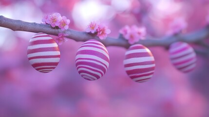Obraz premium Pink Striped Easter Eggs on Blooming Branch
