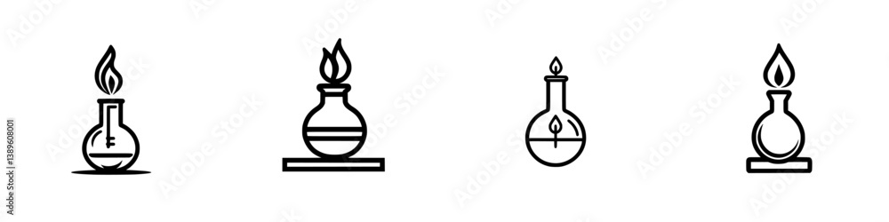 Poster vector minimalist line icons depicting laboratory flasks with flames for science and chemistry theme