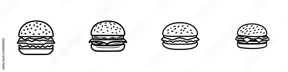 Poster collection of minimalist vector line icons representing different hamburger styles with varying topp