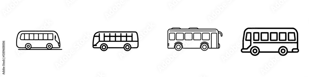 Poster collection of minimalist vector line icons depicting various types of buses for transport planning a