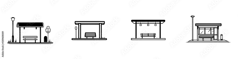 Poster minimalist vector line icons showcasing various bus stop designs with benches and streetlights in a 