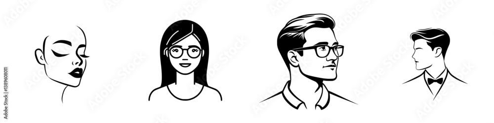 Aufkleber set of minimalist line icons showcasing different styled faces, emphasizing various expressions and 