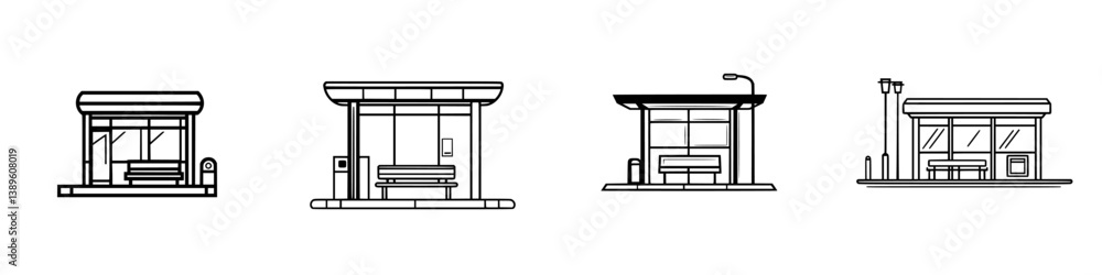 Poster collection of minimalist line icons depicting various bus stop designs for urban transit systems