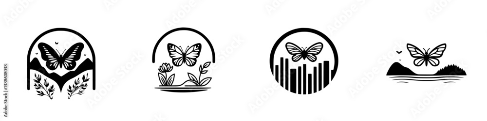 Poster collection of minimalist line icons featuring butterflies and nature themes for design projects