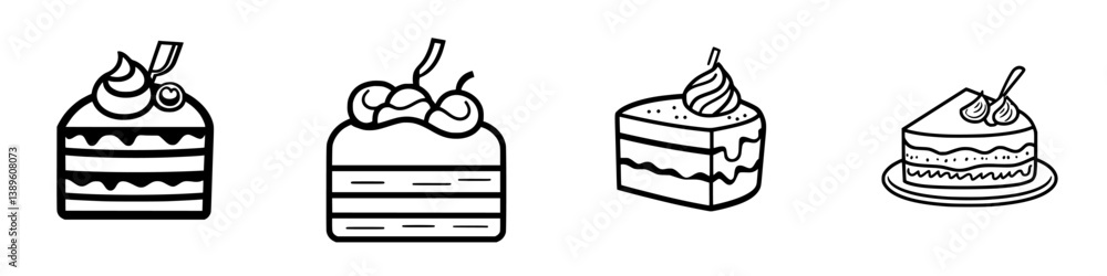 Poster set of minimalist line icons depicting various types of cakes designed for graphic design and culina