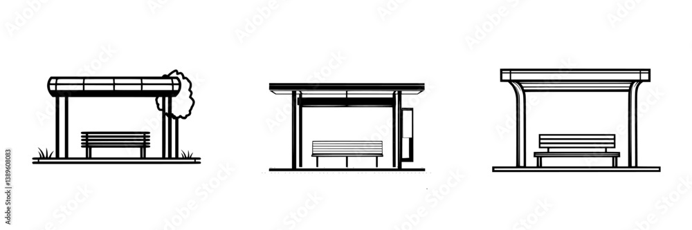 Poster minimalist vector line icons depicting various styles of bus stop shelters with benches in an urban 