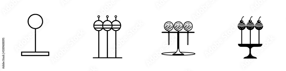 Poster unique set of vector minimalist line icons showcasing various dessert displays and serving structure