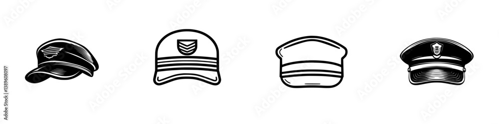 Poster collection of minimalist line icons depicting various types of hats for uniformed professions in vec