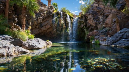 Fototapeta premium A waterfall is flowing into a pool of water