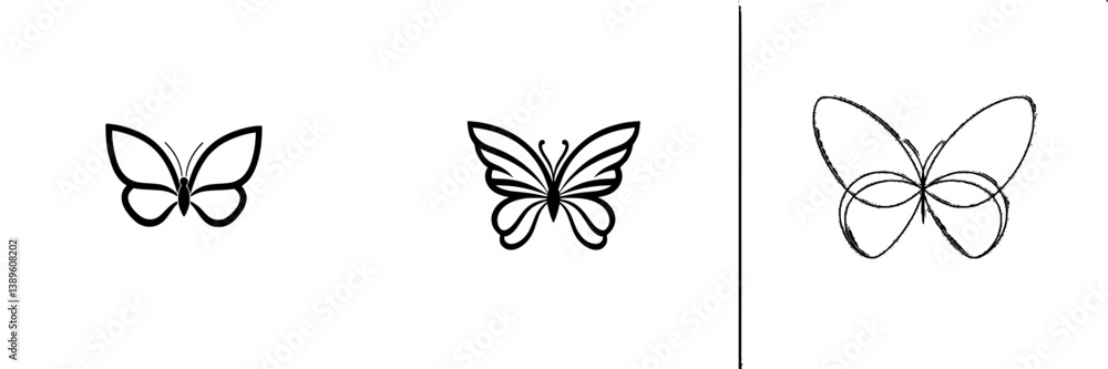 Poster minimalist line icons showcasing various butterfly designs with distinct styles and shapes for creat