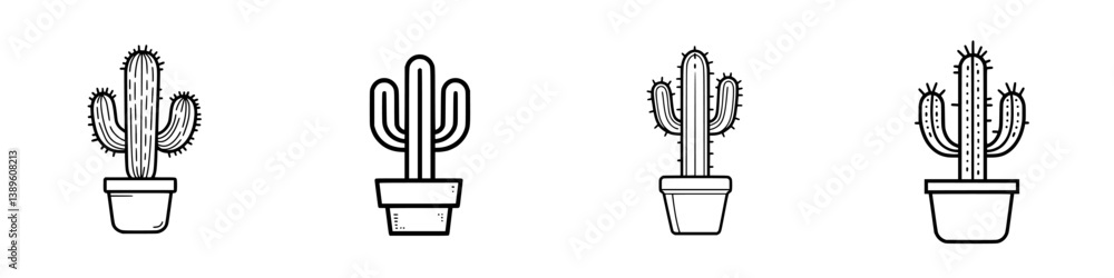 Poster minimalist line icons set featuring various styles of cacti in pots for design and illustration use